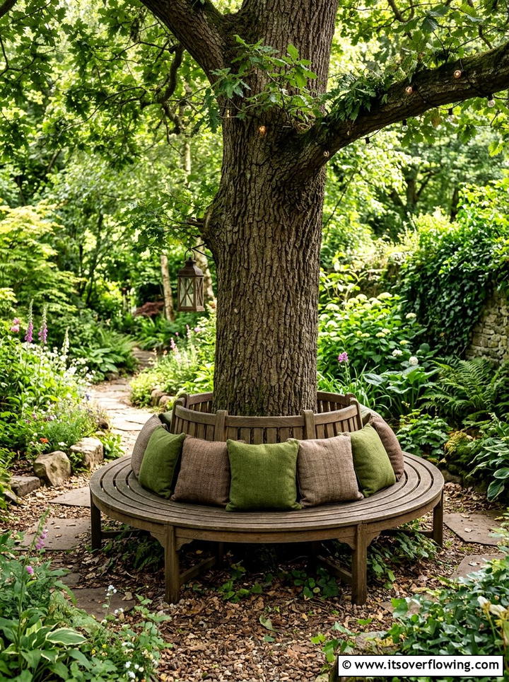 Tree Bench Seating - 25 garden decor ideas with throw pillows