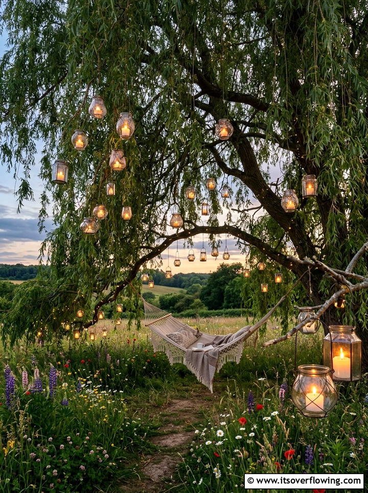 Tree Branch Hanging Lanterns - 25 garden design ideas with lighting plans