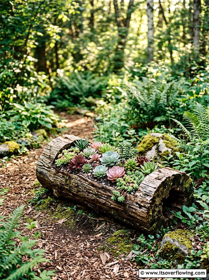 Tree Log Planter - 25 upcycled garden ideas with succulent planters