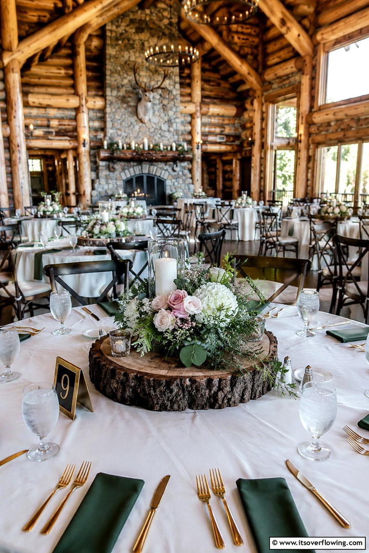 Tree Stump Centerpiece with Floral Accents - 30 Rustic Wedding Centerpieces for a Charming Celebration