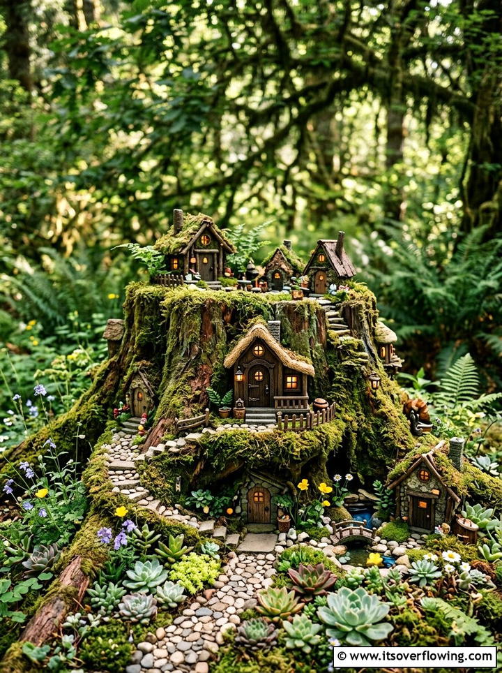 Tree Stump Fairy House Village - 25 recycled garden ideas for kids