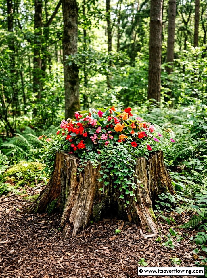 Tree Stump Flower Bed - 25 creative garden ideas with rustic charm