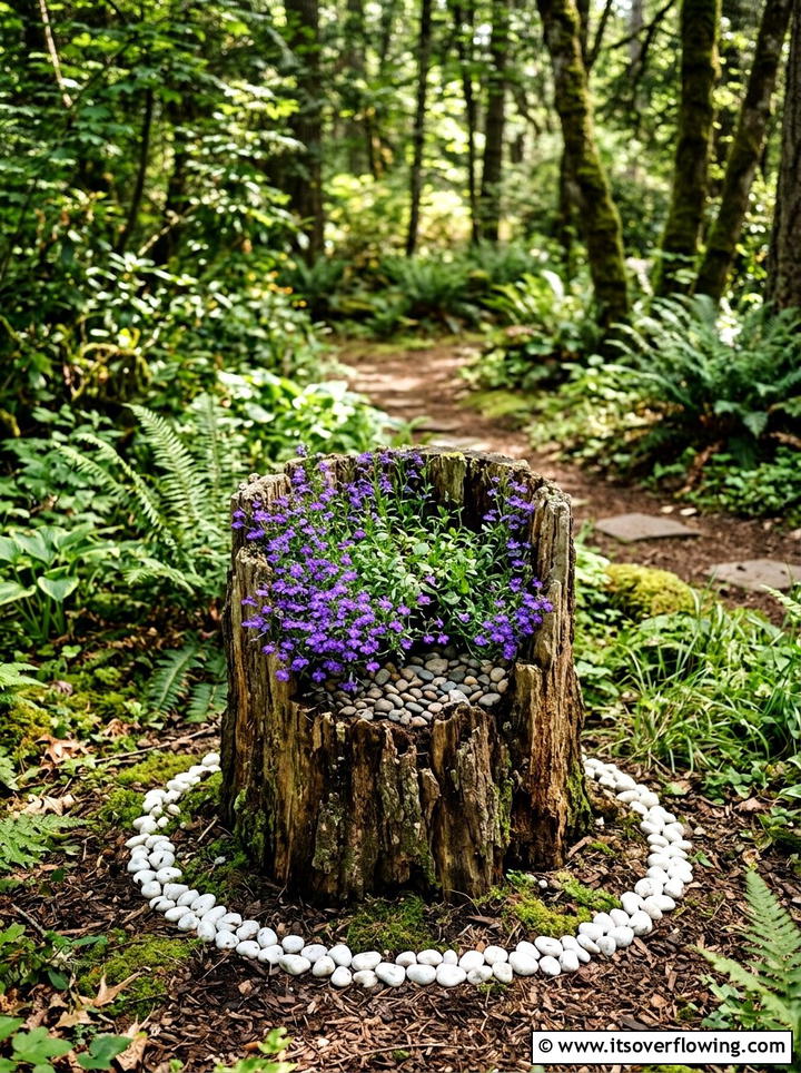 Tree Stump Planter - 25 recycled garden ideas with pebbles