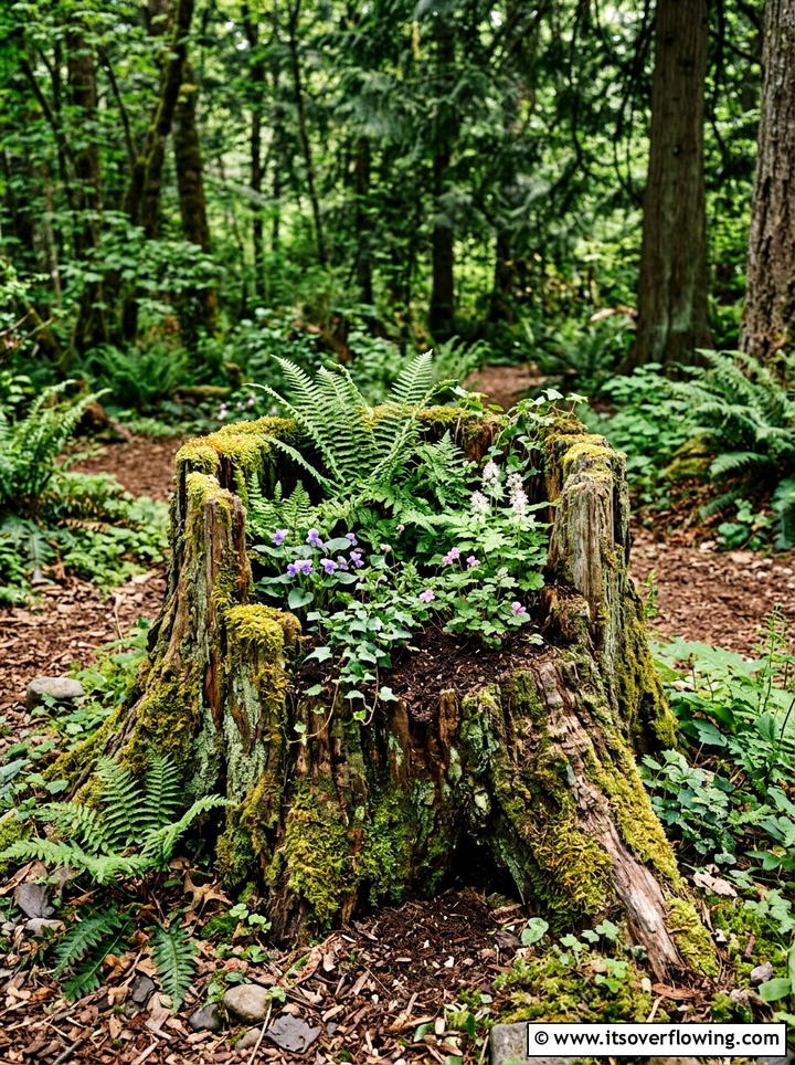 Tree Stump Planter - 25 upcycled garden ideas for community gardens