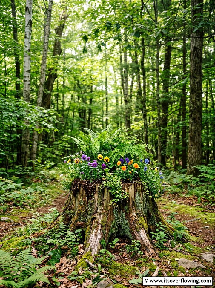 Tree Stump Planter - 25 garden decor ideas for rustic gardens