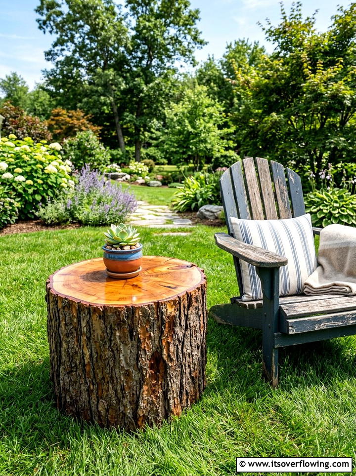 Tree Stump Table - 25 upcycled garden ideas for renters