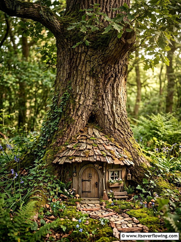 Tree Trunk Fairy House - 25 garden decor ideas with wood art