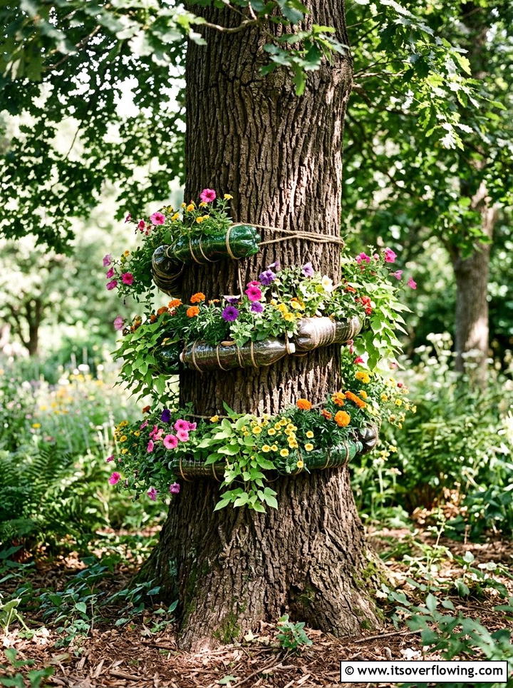 Tree Trunk Planter - 25 recycled garden ideas with plastic bottles