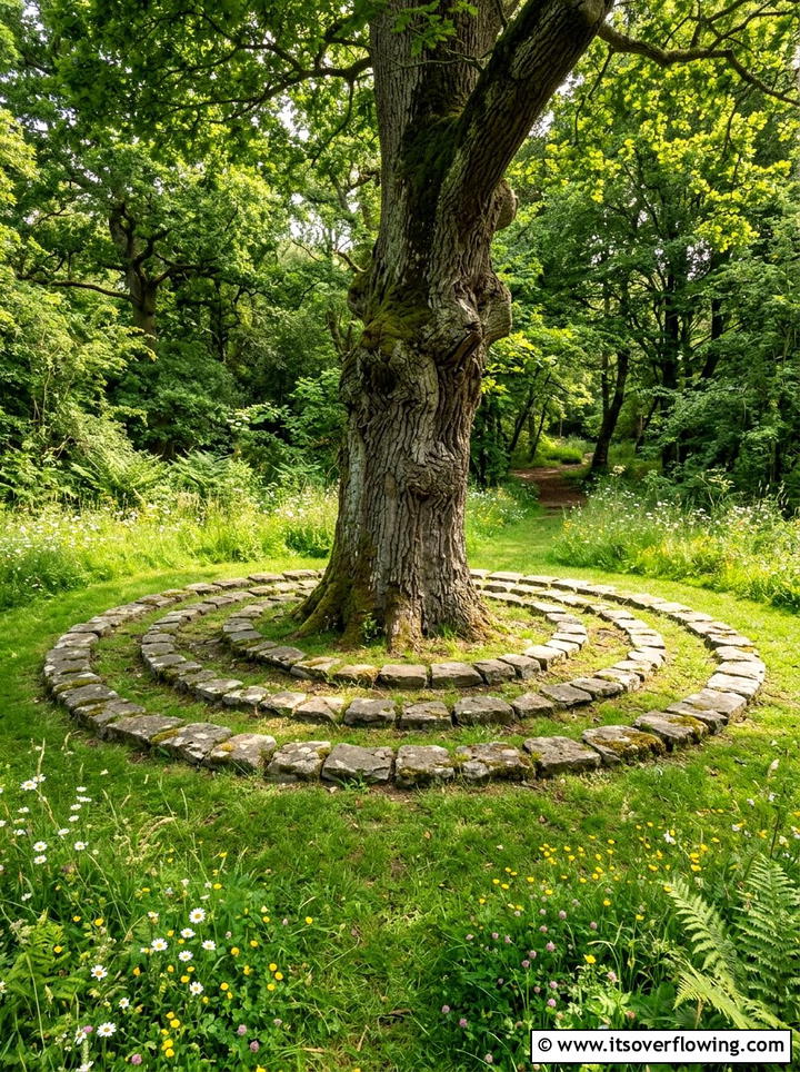 Tree base stone circle - 25 garden ideas with pebble mosaics
