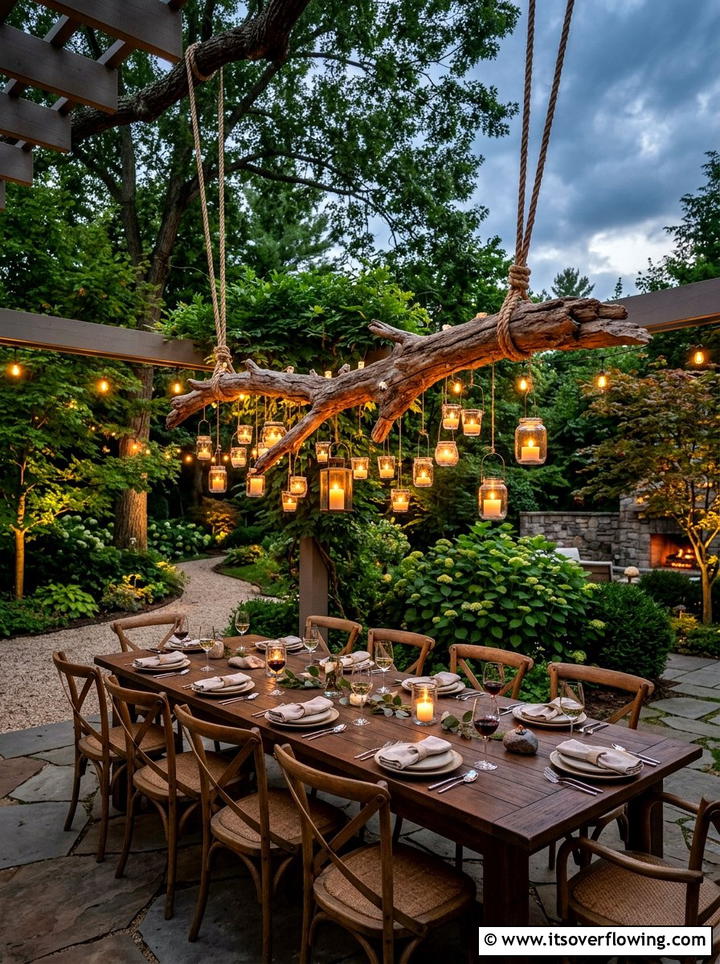 Tree branch chandelier - 25 garden decor ideas for outdoor parties