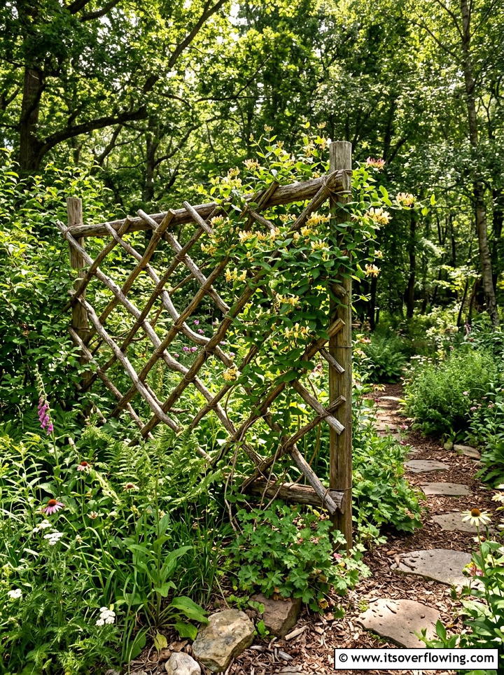 Tree branch fence panel - 25 cheap garden ideas with homemade trellis