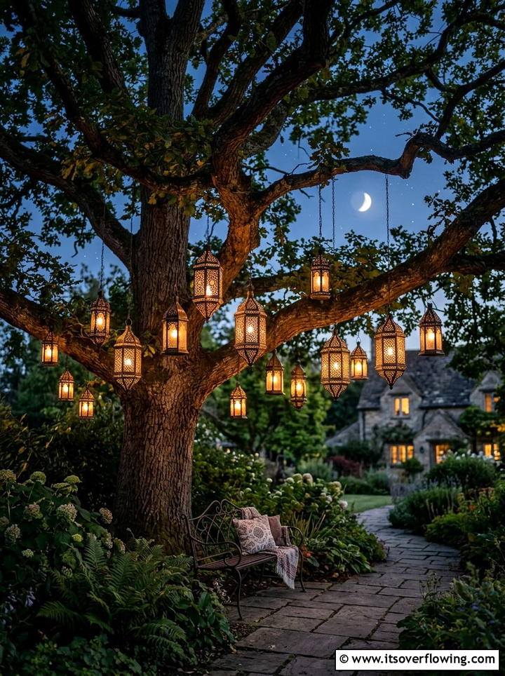 Tree branch lanterns - 25 backyard decorating ideas with hanging lights