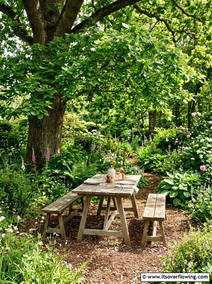 Tree shaded garden bench - 25 creative garden ideas with outdoor dining spaces