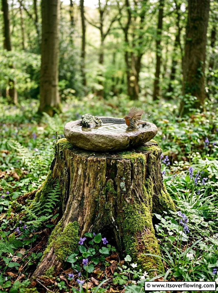 Tree stump bird bath - 25 upcycled garden ideas with bird baths