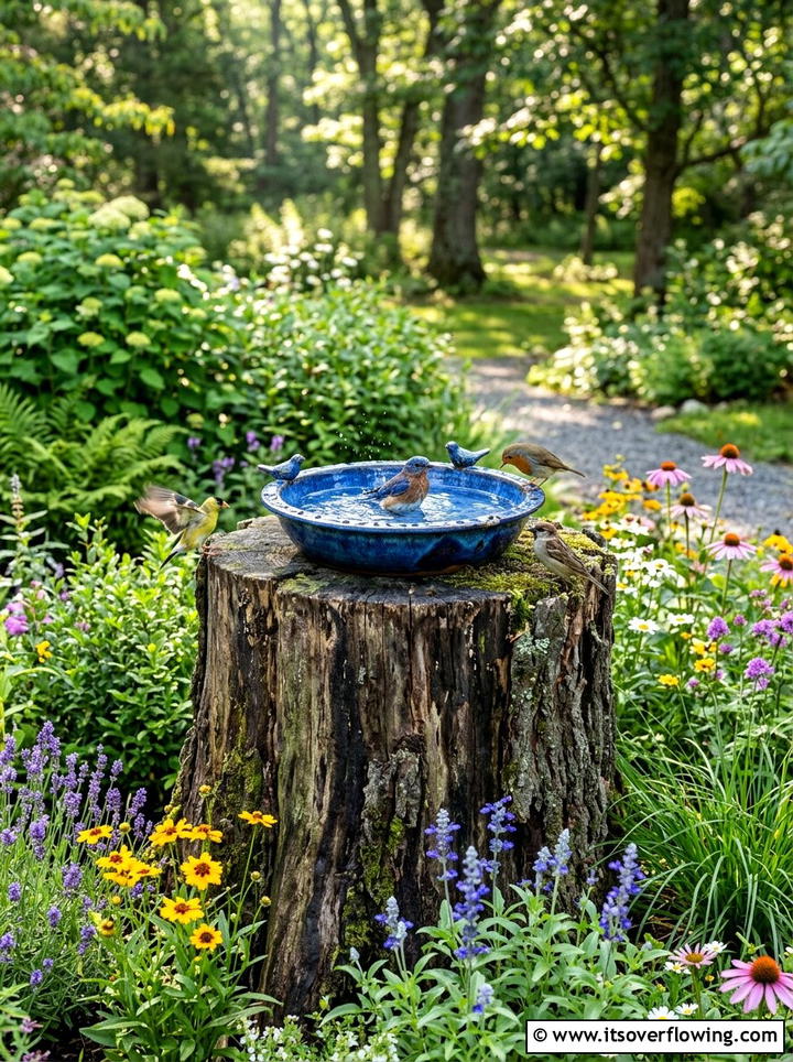 Tree stump bird bath - 25 recycled garden ideas with tree stumps