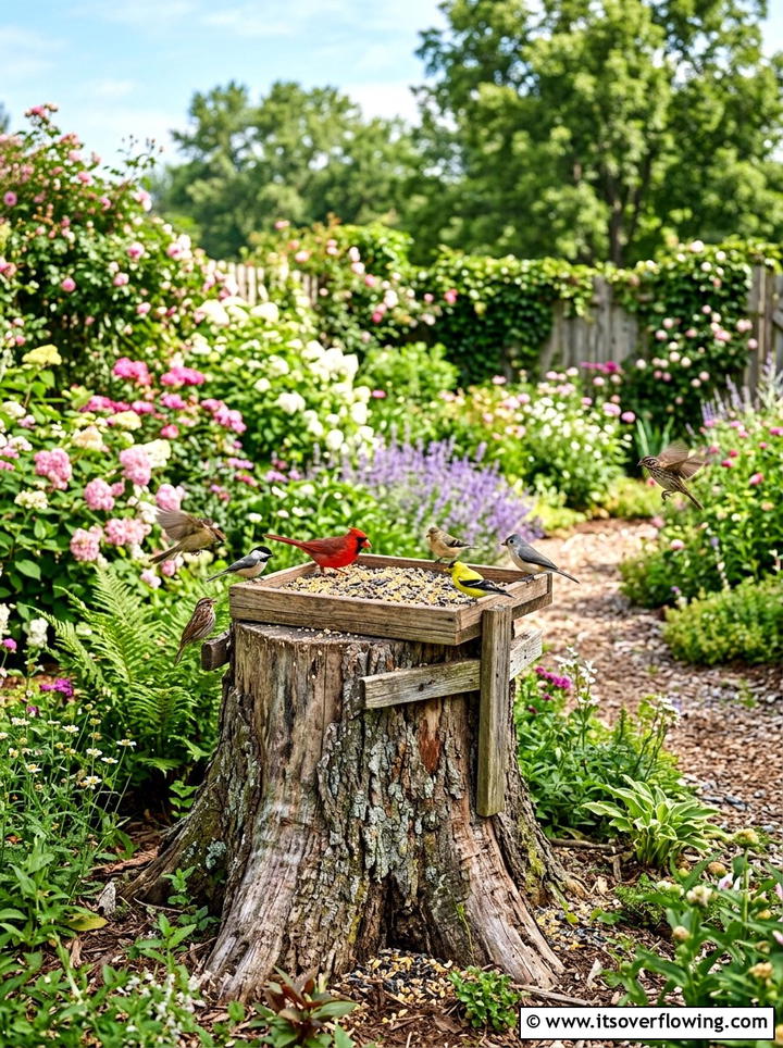 Tree stump bird feeder - 25 recycled garden ideas with tree stumps