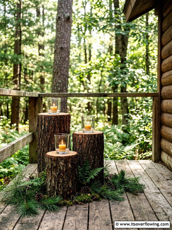 Tree stump candle pedestals - 25 front porch decor ideas with candle holders