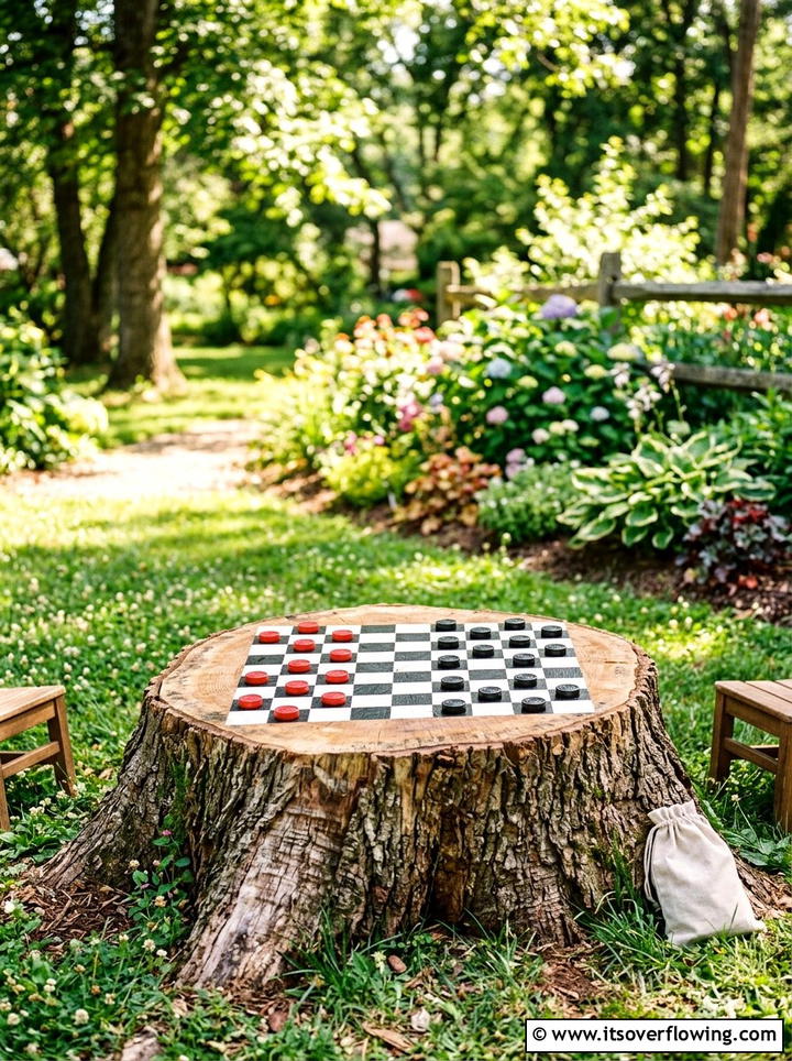 Tree stump checkerboard - 25 recycled garden ideas with tree stumps