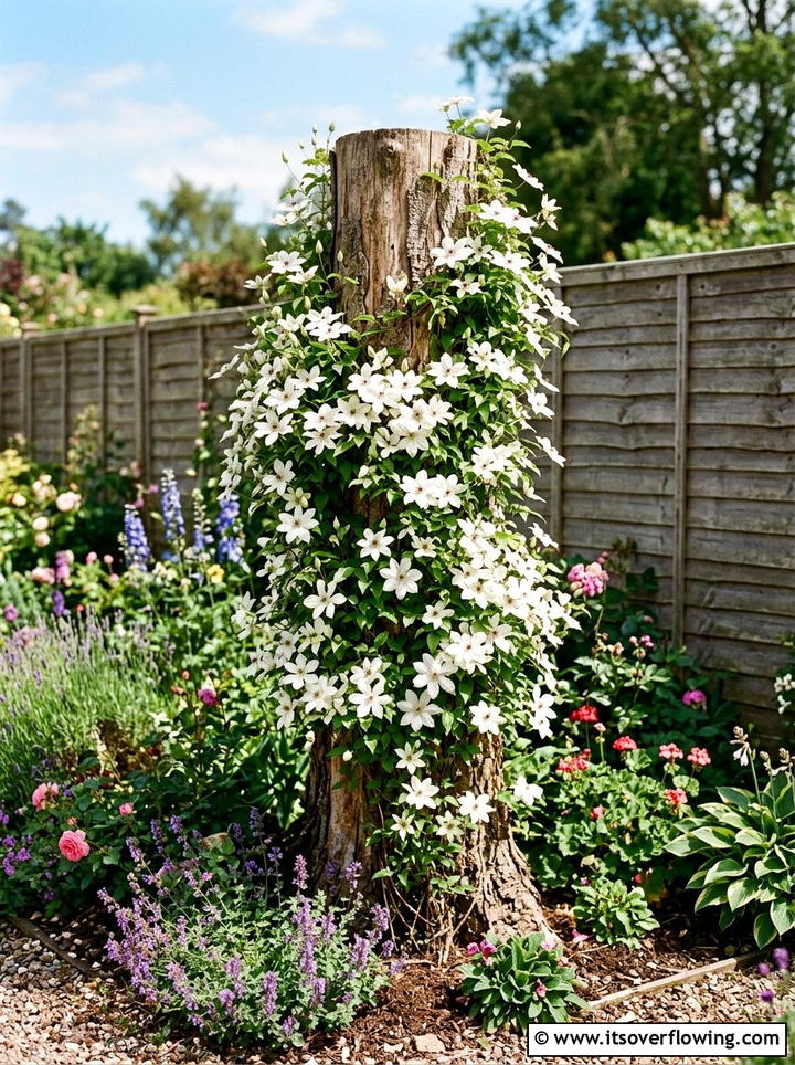 Tree stump climbing plant support - 25 recycled garden ideas with tree stumps