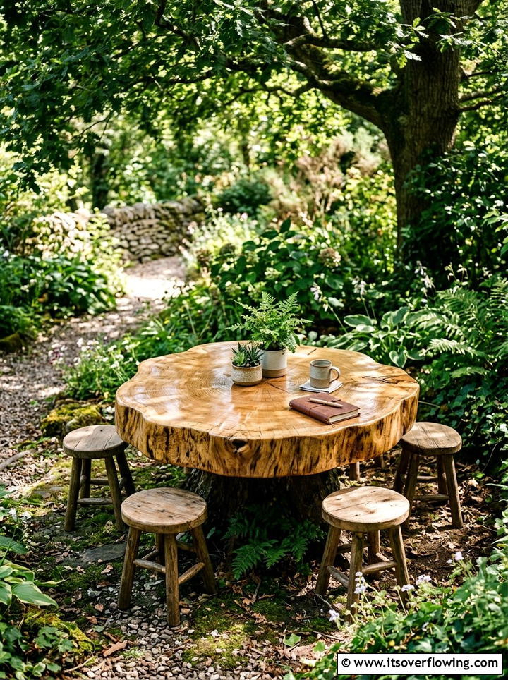 Tree stump garden table - 25 upcycled garden ideas with kids projects