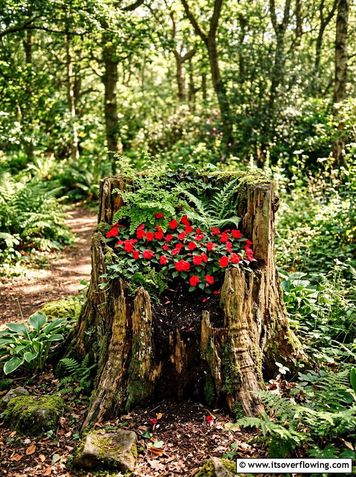 Tree stump hollowed planter - 25 garden decor ideas with floral displays