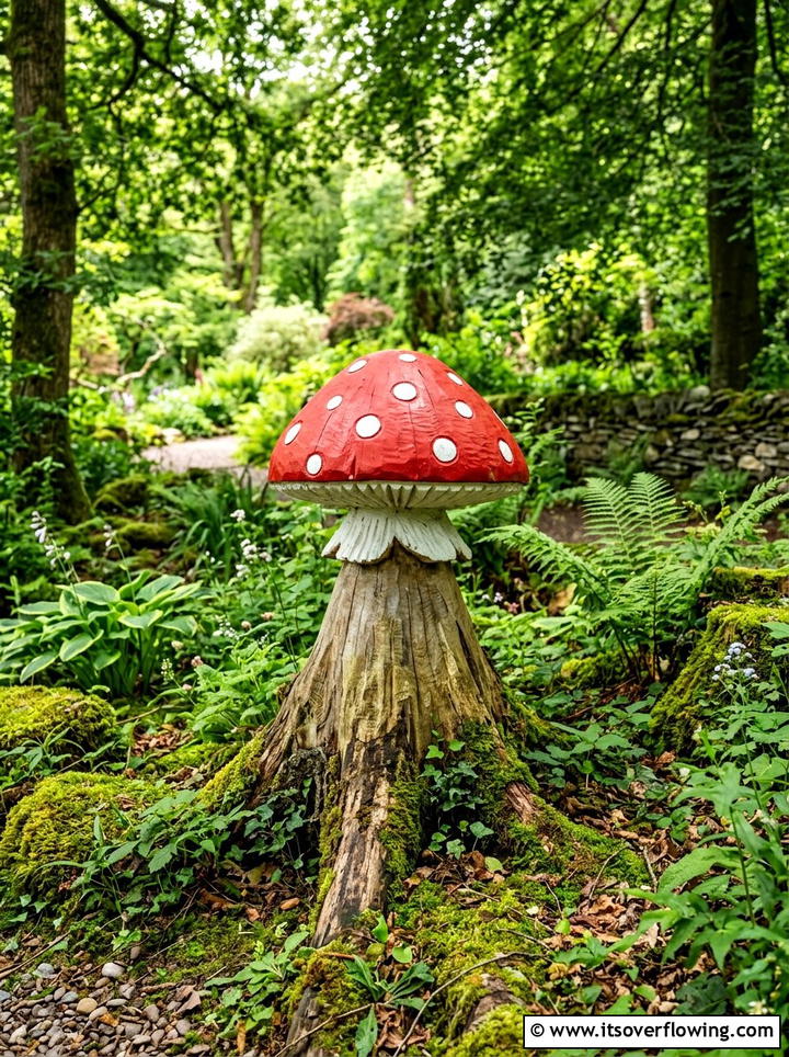Tree stump mushroom carving - 25 recycled garden ideas with tree stumps