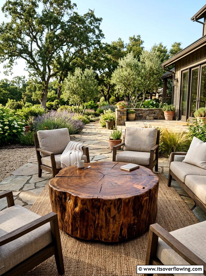 Tree stump outdoor coffee table - 25 recycled garden ideas with tree stumps