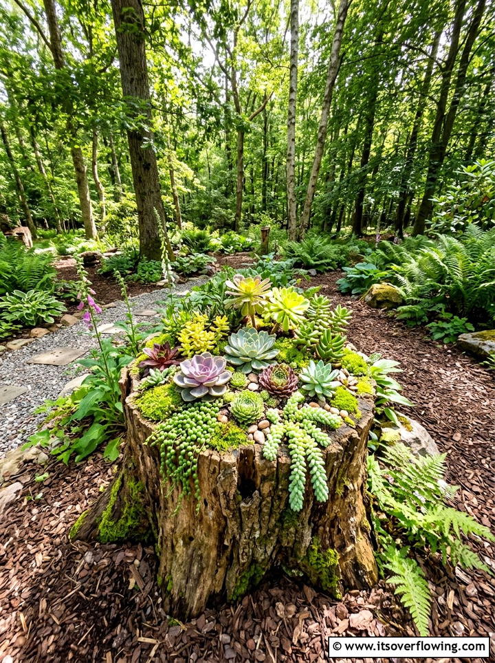 Tree stump succulent display - 25 backyard decorating ideas with succulent pots