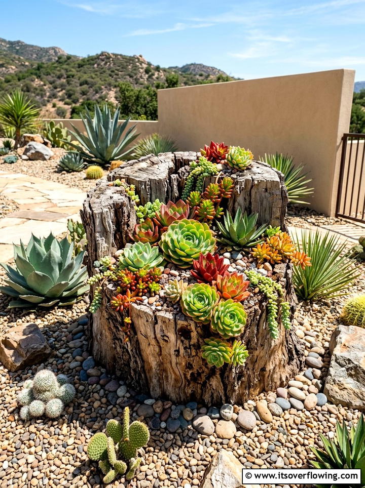 Tree stump succulent garden - 25 recycled garden ideas with tree stumps
