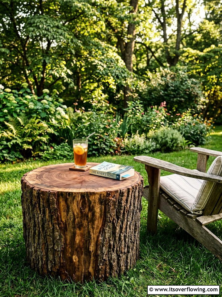 Tree stump table - 25 cheap garden ideas with recycled materials