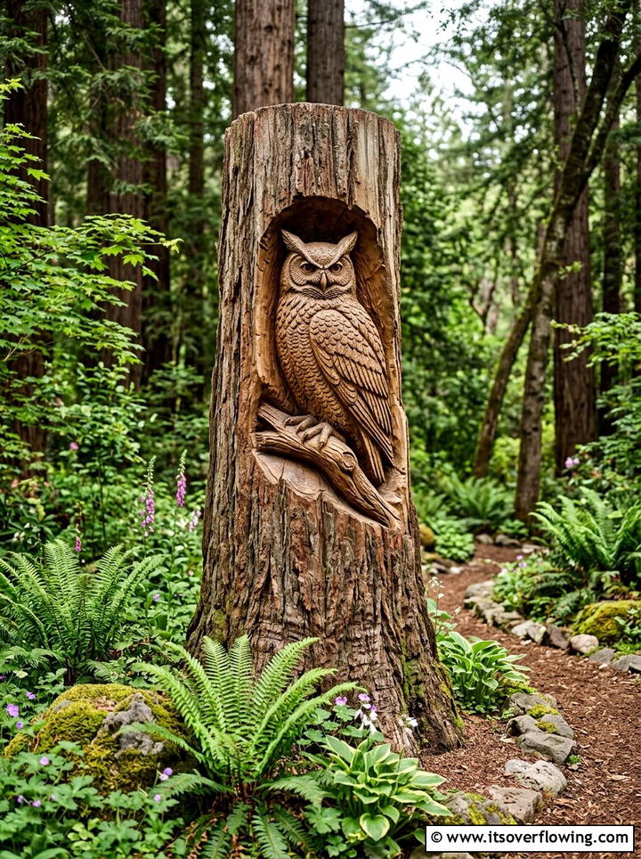 Tree trunk carving - 25 backyard decorating ideas with garden art