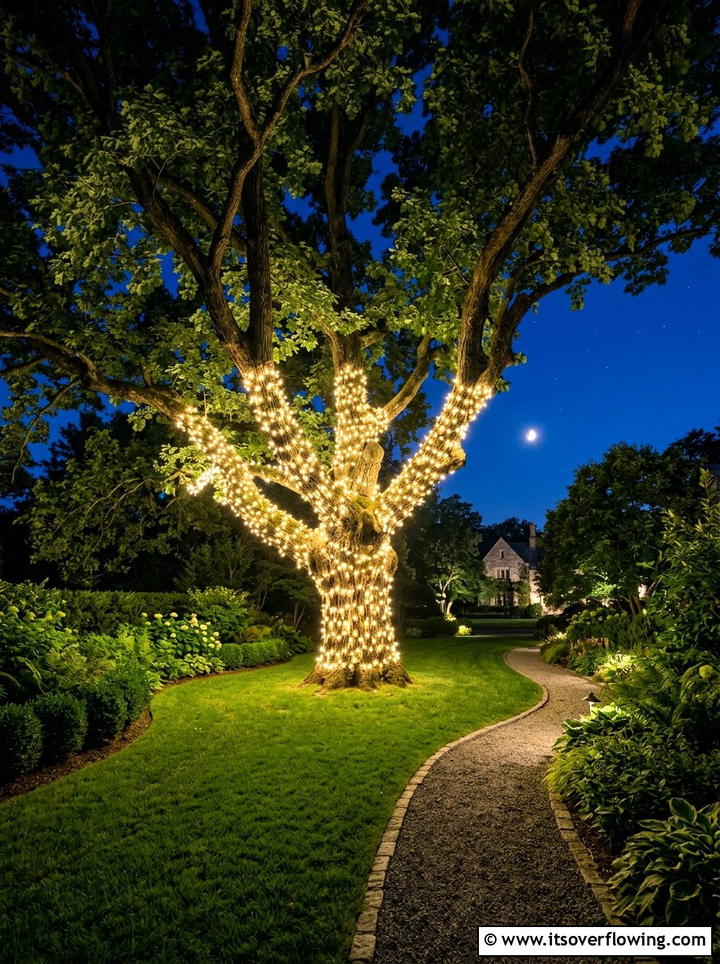 Tree trunk fairy light - 25 garden decor ideas with lights