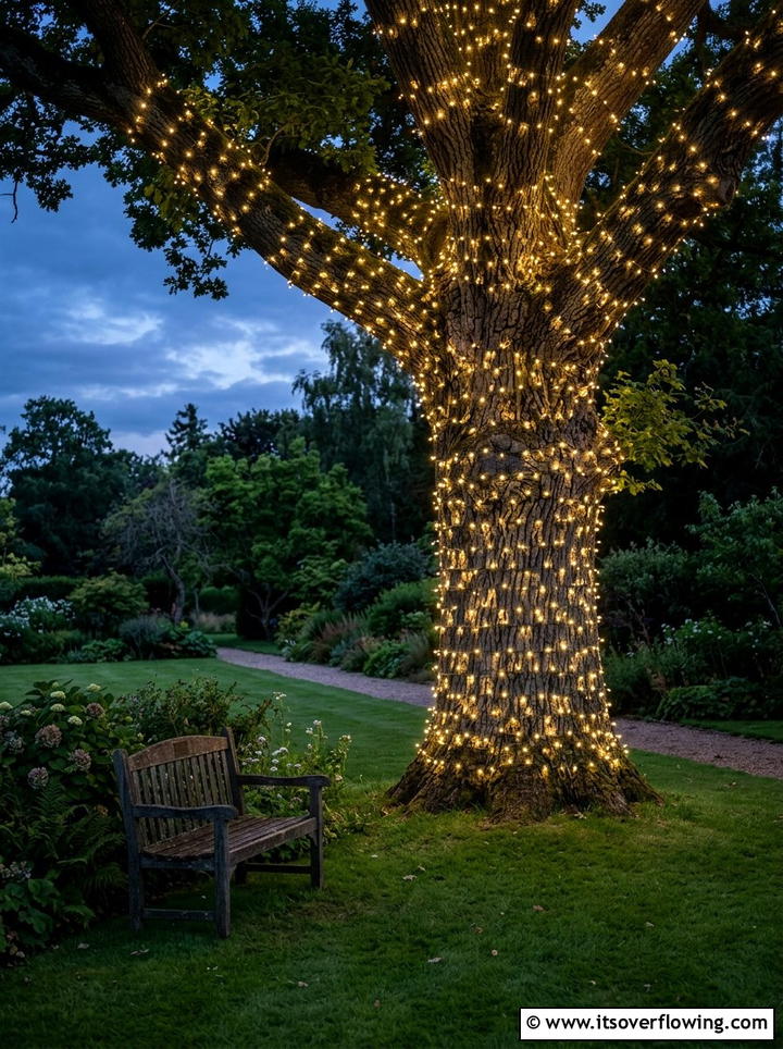 Tree trunk fairy lights - 25 garden decor ideas with fairy lights