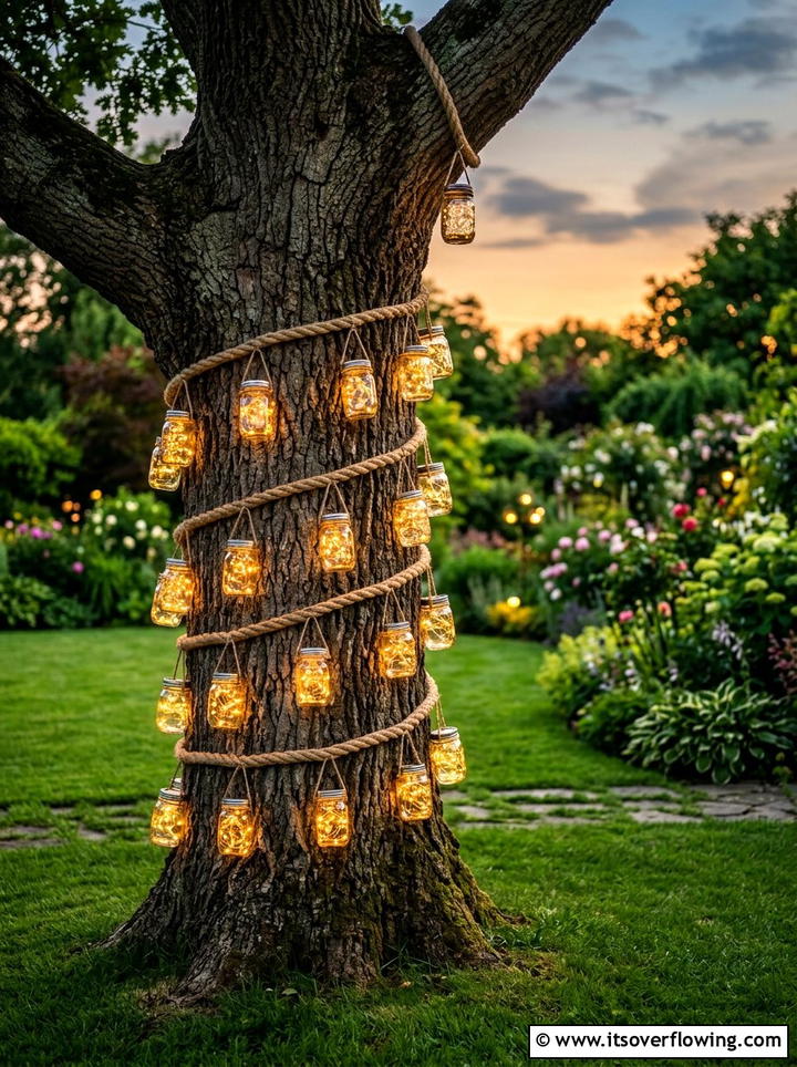 Tree trunk mason jar wrap - 25 garden ideas with mason jar lanterns