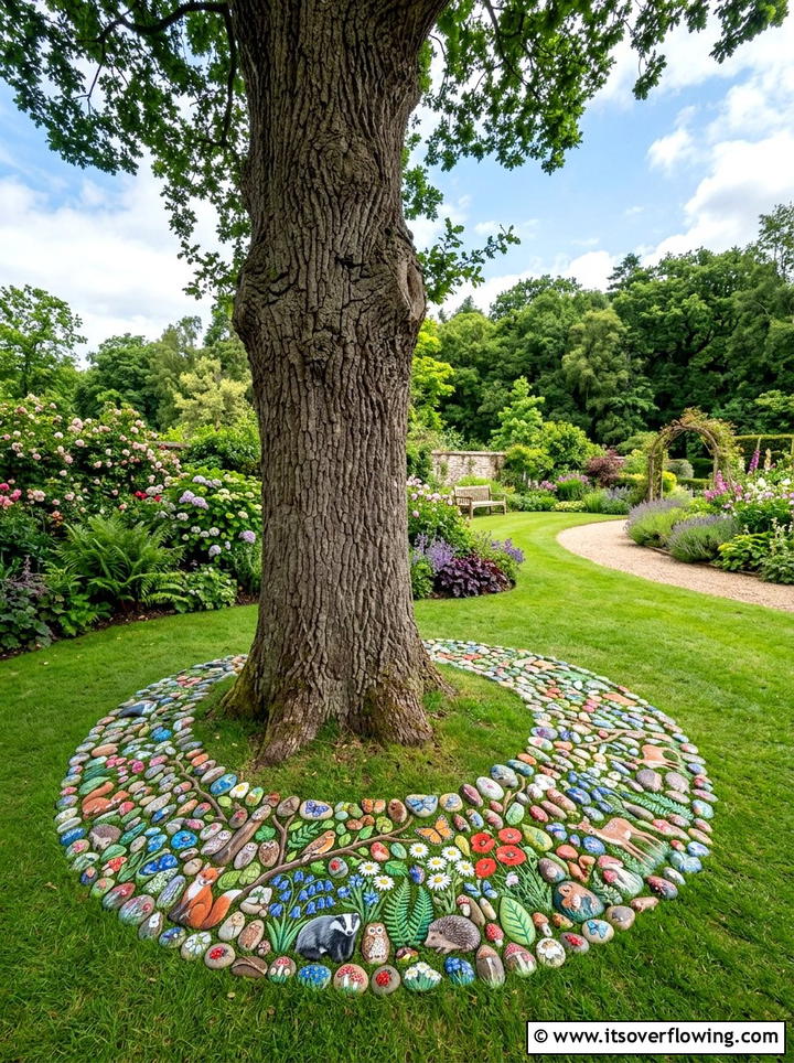 Tree trunk rock art - 25 garden decor ideas with painted rocks