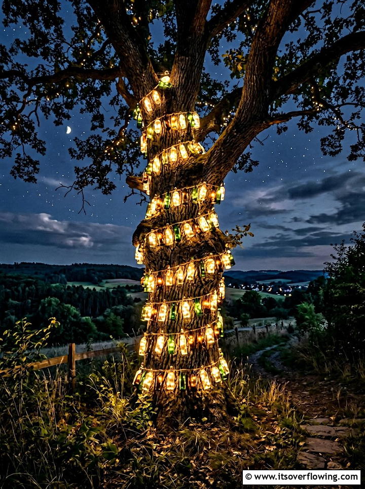 Tree trunk wrap bottle lights - 25 garden decor ideas with bottle lights