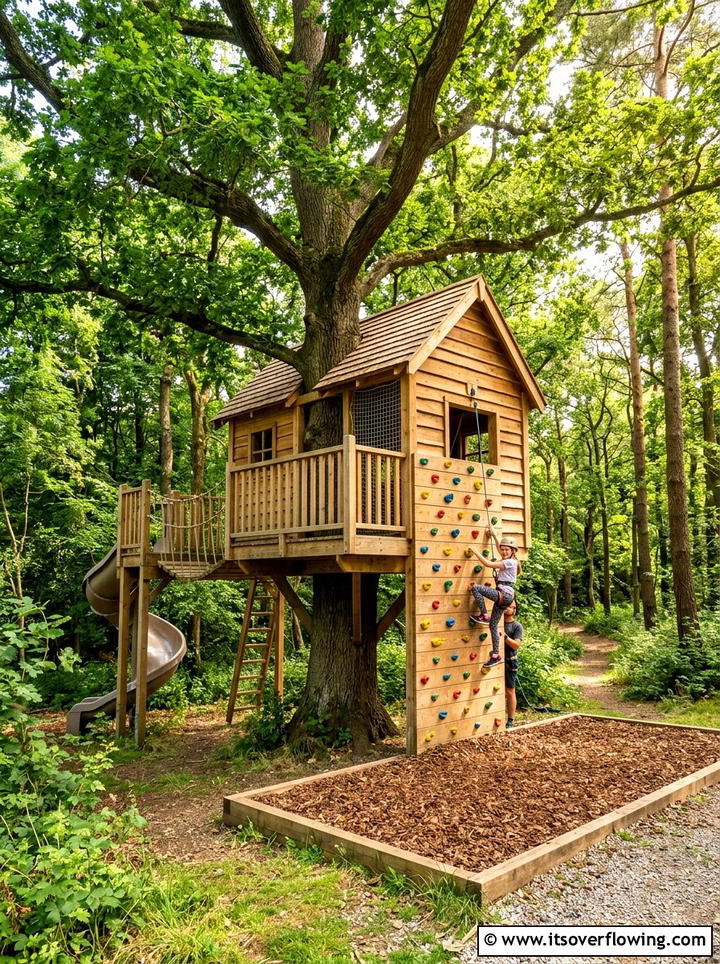 Treehouse With Climbing Wall - 25 backyard ideas with treehouse