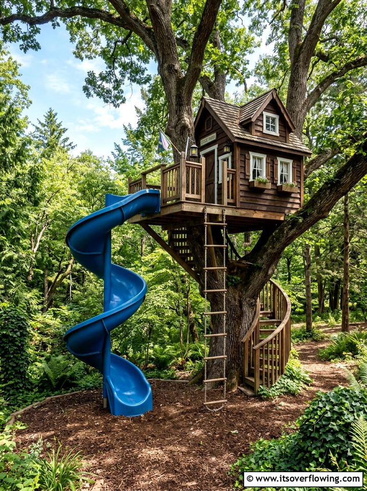 Treehouse with slide - 25 backyard ideas for kids