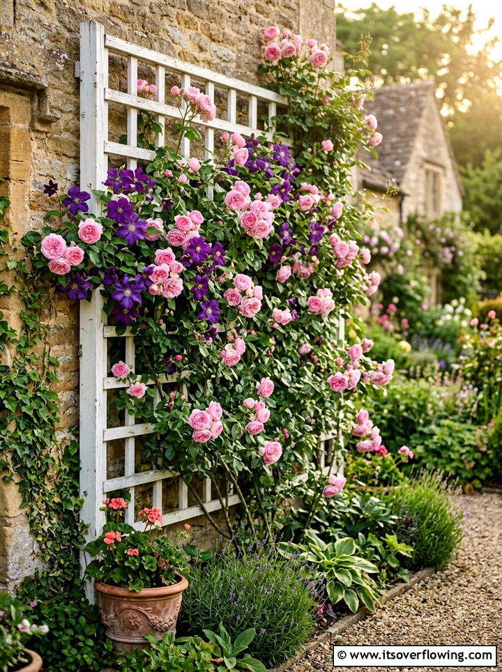 Trellis climbing flowers - 25 small garden ideas with flowers