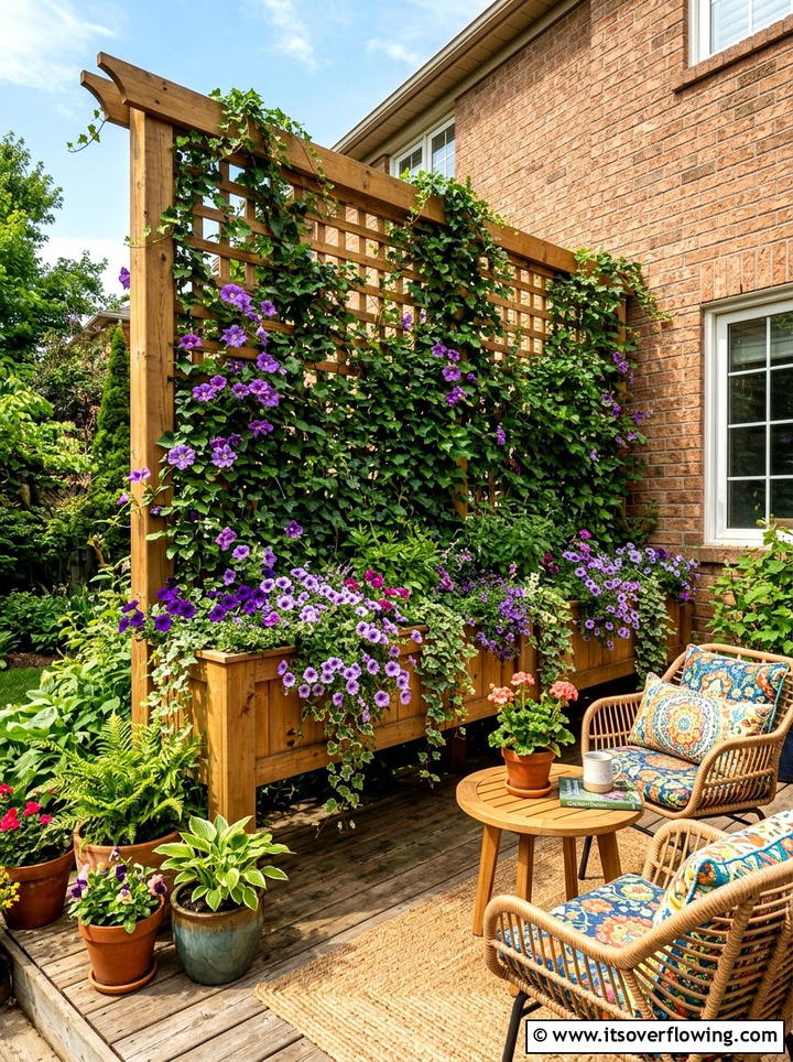 Trellis wall with flower boxes - 25 garden design ideas with trellis walls