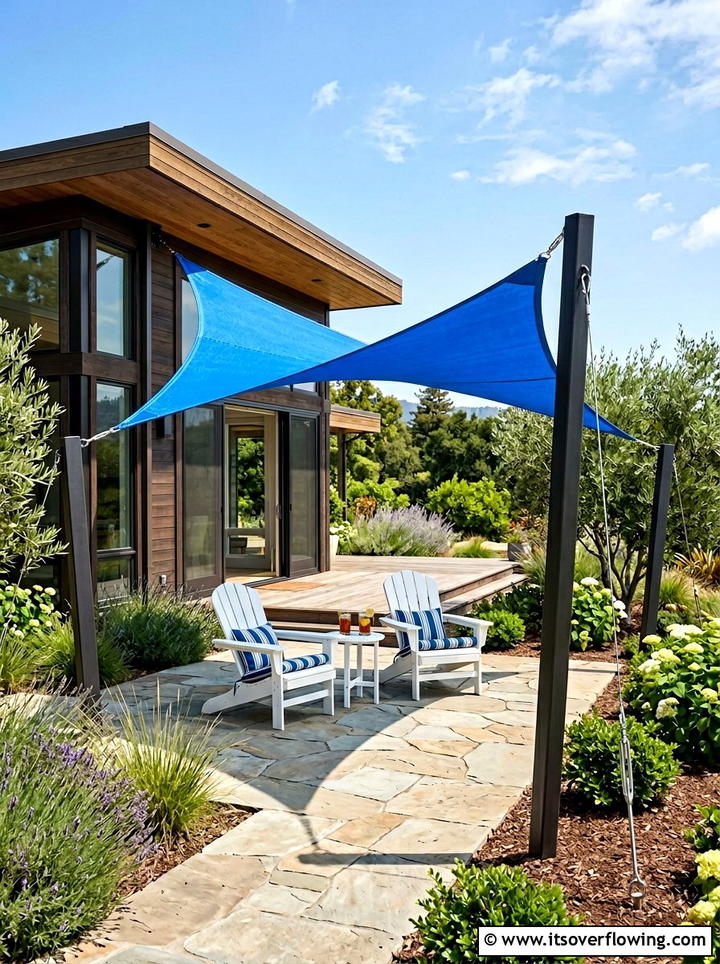 Triangular shade sail installation - 25 backyard decorating ideas with shade sail