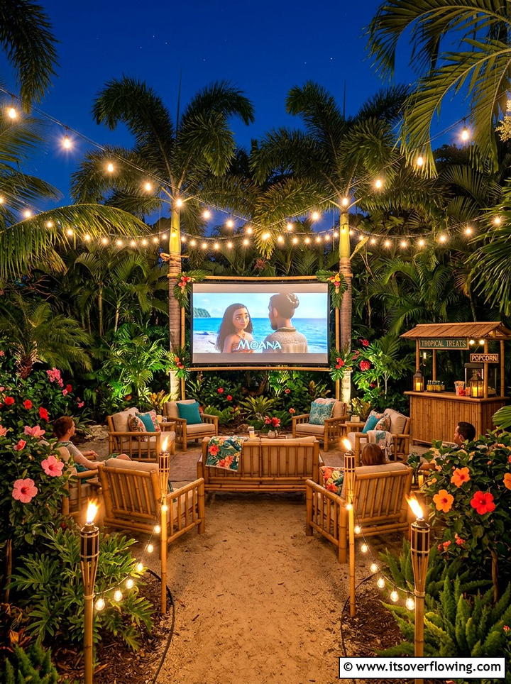 Tropical Backyard Movie Night - 25 backyard ideas with projector screen