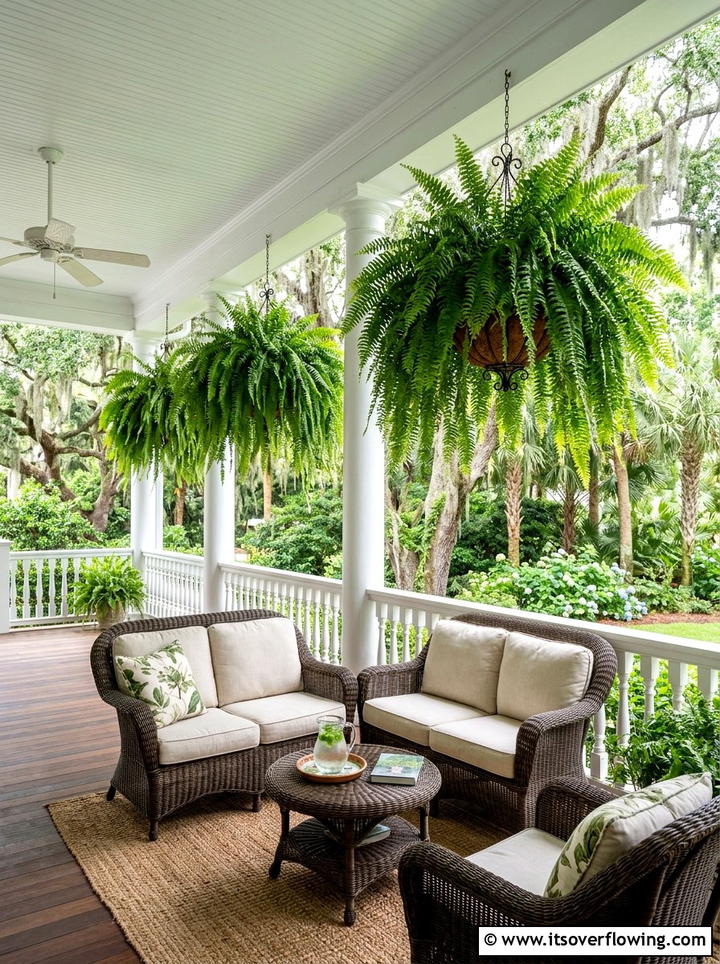 Tropical Fern Hanging Display - 25 small garden ideas with hanging baskets