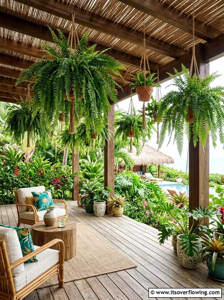 Tropical Fern Patio Decoration - 25 garden decor ideas with hanging baskets