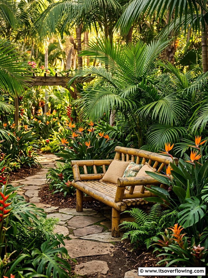 Tropical Garden Bamboo Bench - 25 garden ideas with bench seating