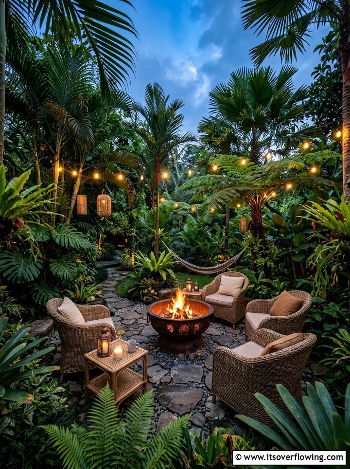 Tropical Garden Fire Bowl Retreat - 25 small garden ideas with fire bowl