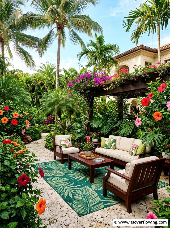 Tropical Garden Patio - 25 backyard decorating ideas with outdoor rugs