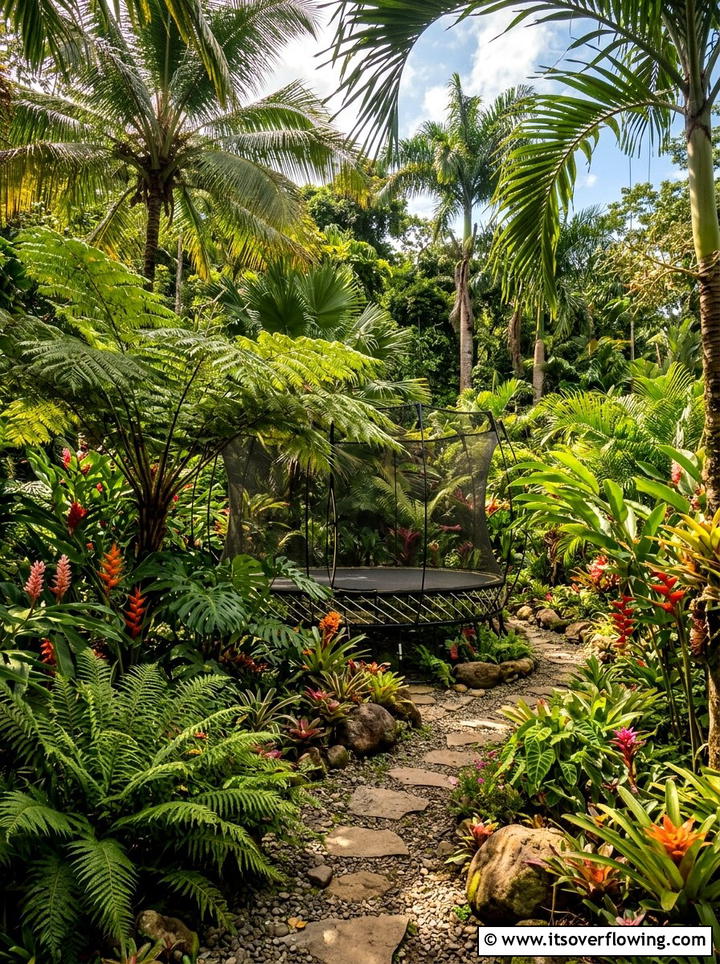 Tropical Garden Trampoline Zone - 25 backyard ideas with trampoline zone