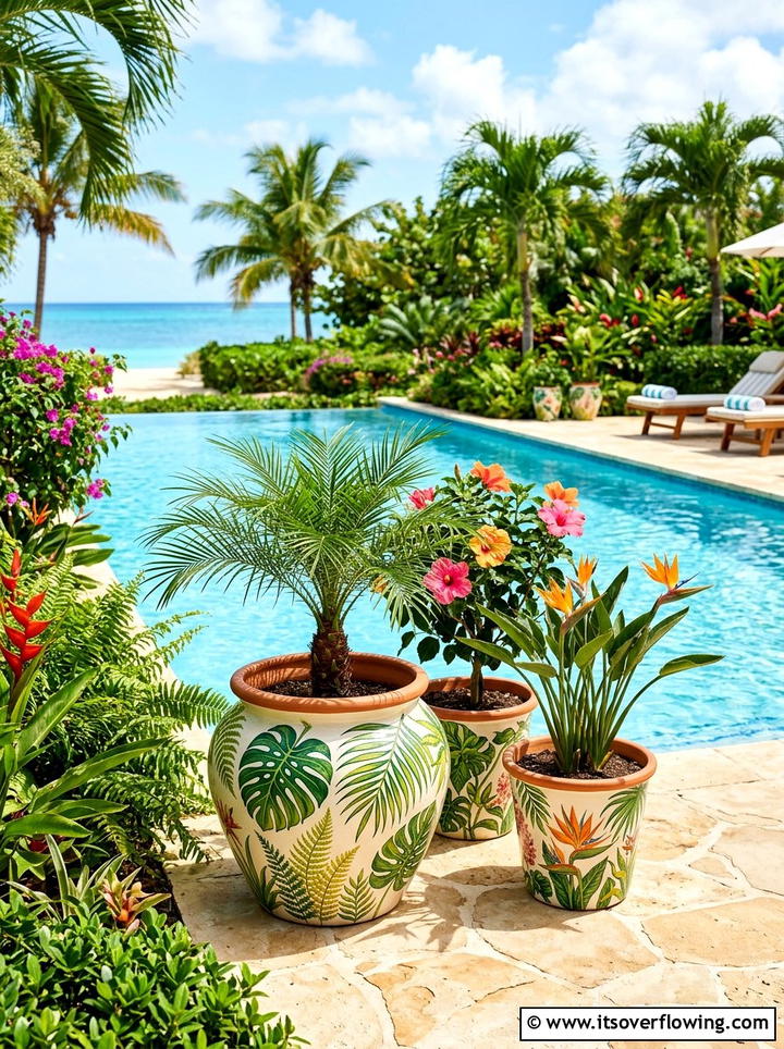 Tropical Leaf Painted Pots - 25 garden ideas with painted pots