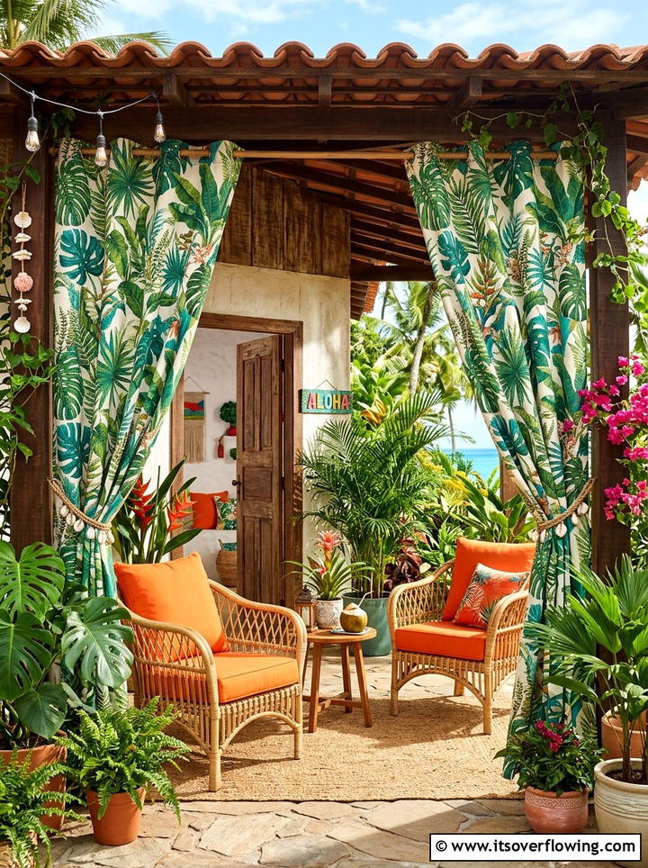 Tropical Leaf Print Outdoor Curtains - 25 front porch ideas with outdoor curtains